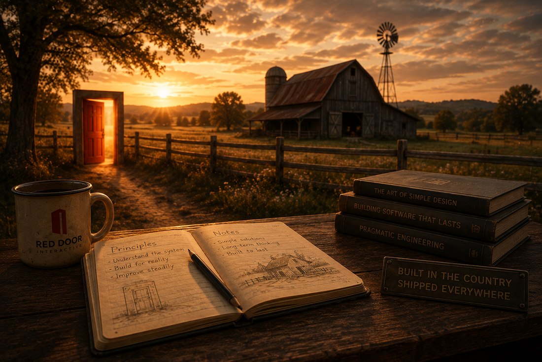 An open notebook headed Principles and Notes on a weathered table at sunset, beside a Red Door Interactive mug, a stack of books and a barn in the field beyond.