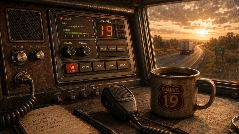 A truck cab at sunset: a CB radio tuned to channel 19, handset, log book and an enamel mug, with the highway through the window.