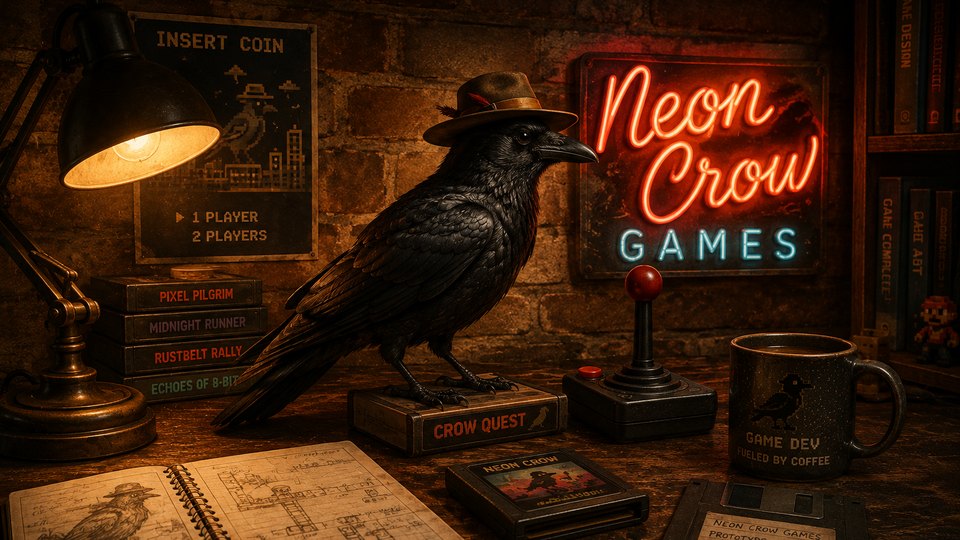 A crow in a fedora on a game workbench beside an arcade joystick, under a neon Neon Crow Games sign.