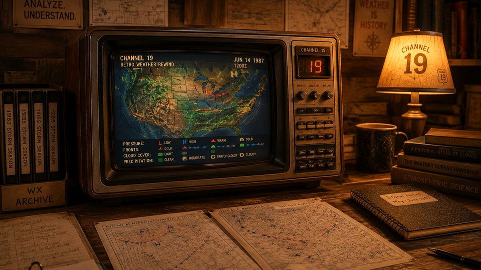 A 1980s CRT set displaying a national surface analysis map, surrounded by printed weather charts and a lit desk lamp.