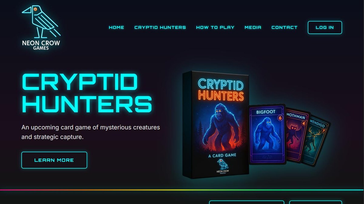 The Neon Crow Games website: neon lettering reading Cryptid Hunters beside a card game box and fanned creature cards.