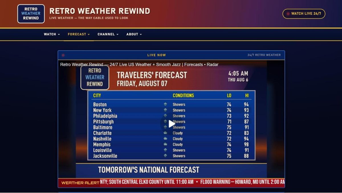 The Retro Weather Rewind site playing the live channel: a travellers' forecast table of US cities with a red weather alert crawl along the bottom.